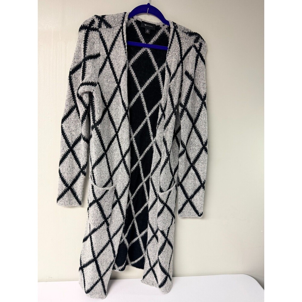 AB Studio Womens Medium Gray Black Lattice Print Long Open Cardigan Pockets
